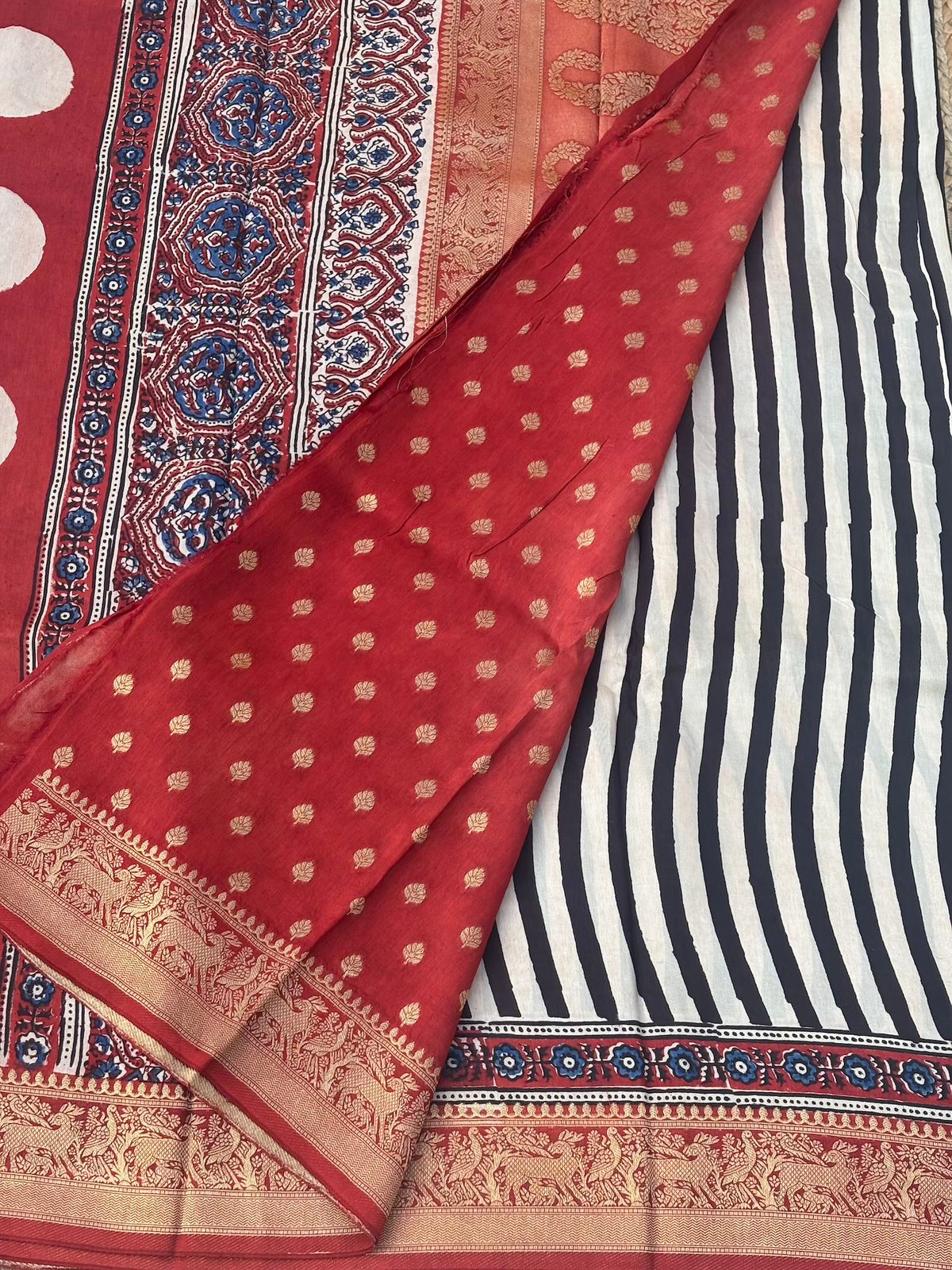 White n Black Ajrak Dola Silk Saree