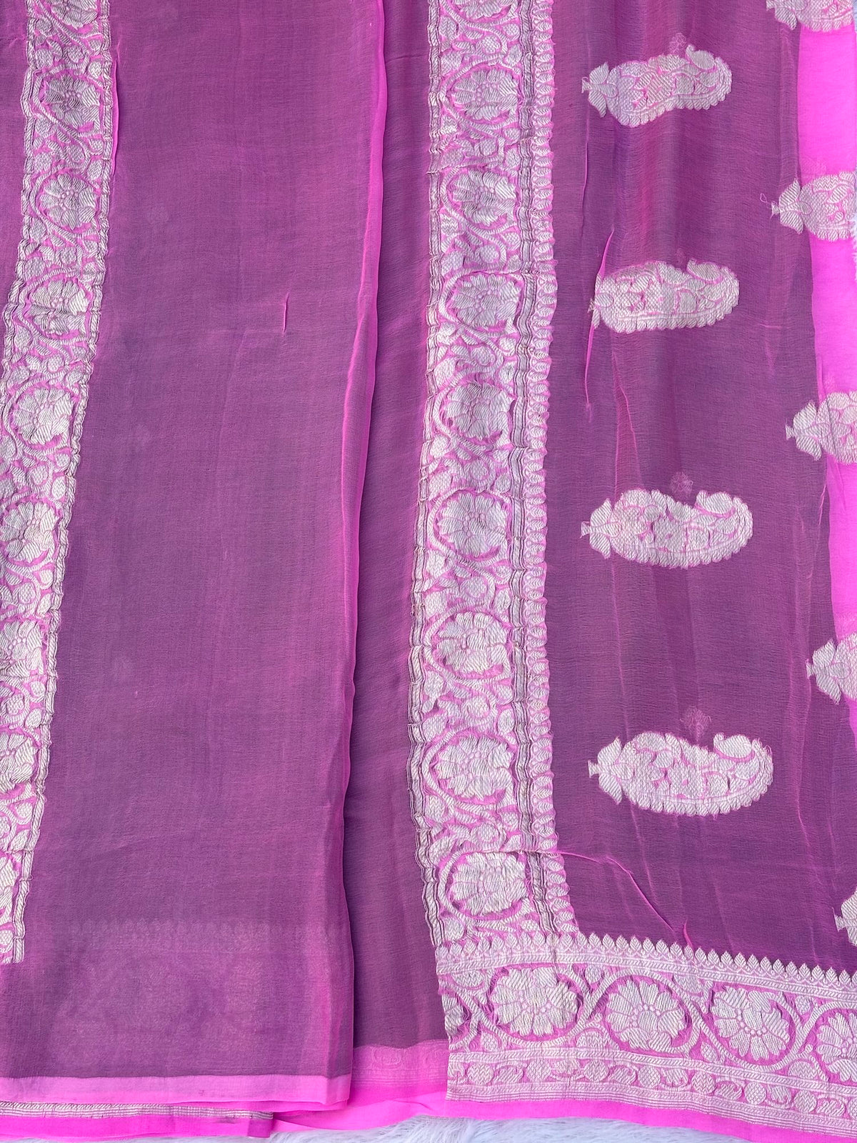 Bottle green with pink banarasi pure khadi chiffon