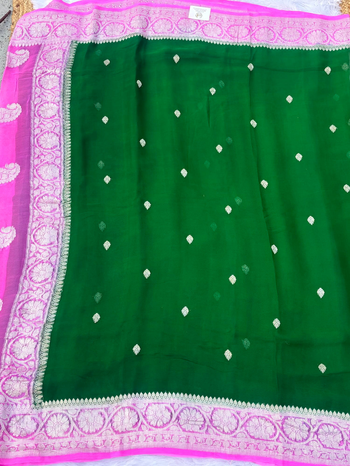 Bottle green with pink banarasi pure khadi chiffon