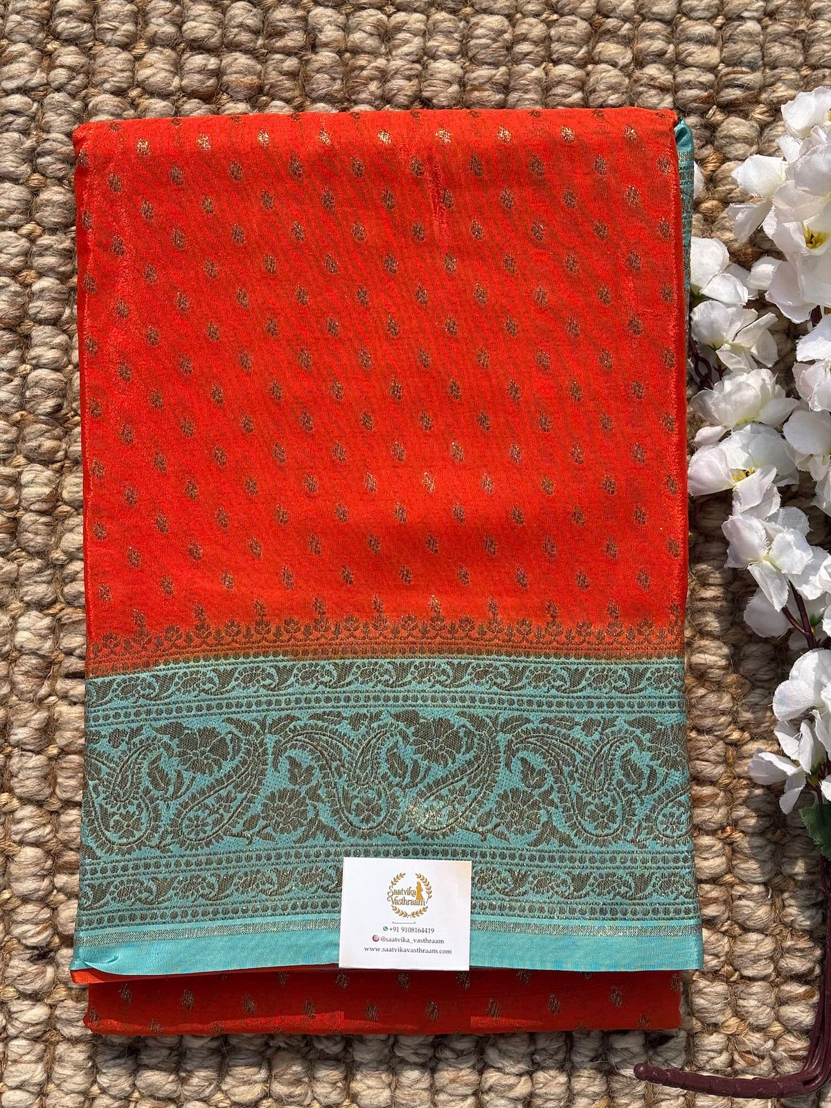 Orange n Sky Blue pure Banarasi Chiffon silk saree