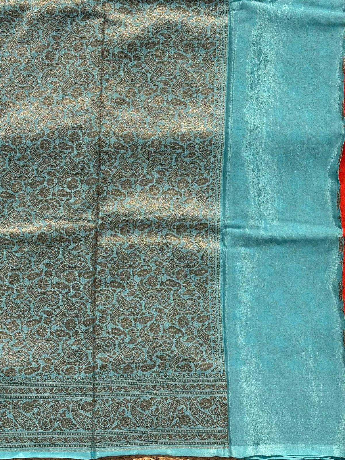 Orange n Sky Blue pure Banarasi Chiffon silk saree