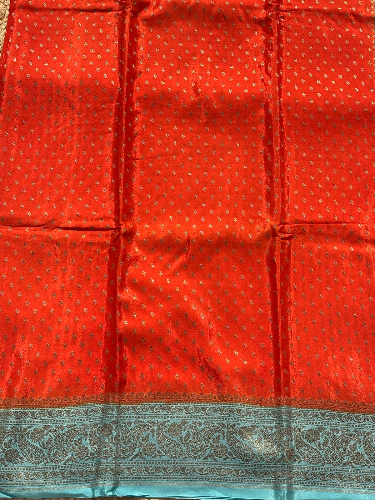 Orange n Sky Blue pure Banarasi Chiffon silk saree
