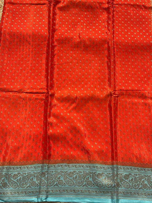 Orange n Sky Blue pure Banarasi Chiffon silk saree