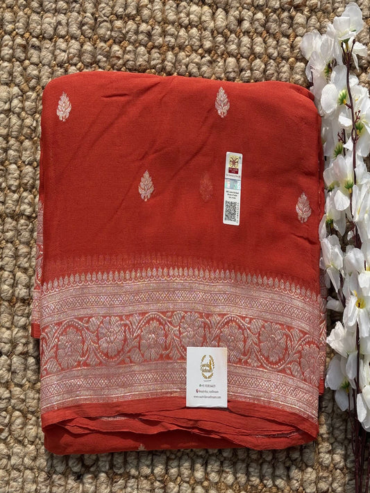 Rust Orange banarasi pure khadi chiffon