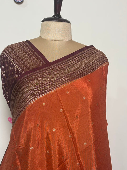 Rust Orange n Brown Banarasi Chiffon Saree