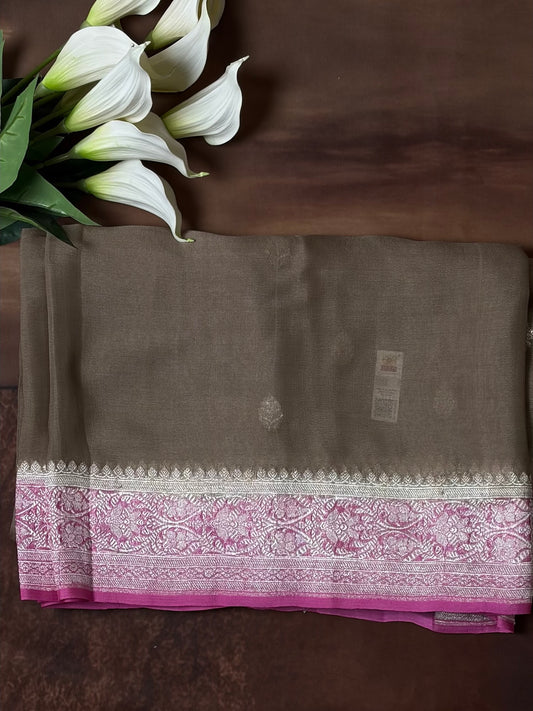 Mud Brown with Rose Pink banarasi pure khadi chiffon