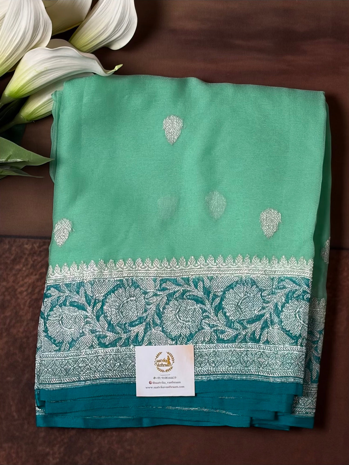 Mint Green with Teal Benarasi pure chiffon saree