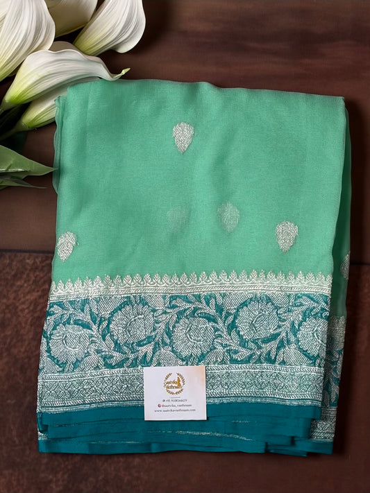 Mint Green with Teal Benarasi pure chiffon saree