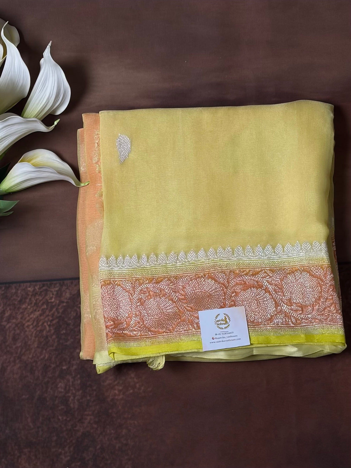 Yellow Peach 3D benarasi pure chiffon saree