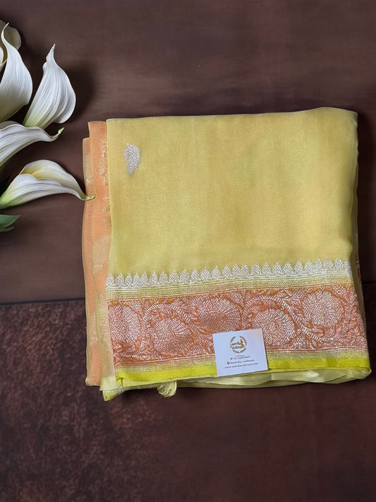 Yellow Peach 3D benarasi pure chiffon saree