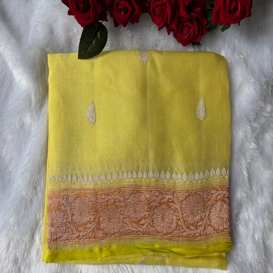 Yellow Peach 3D benarasi pure chiffon saree