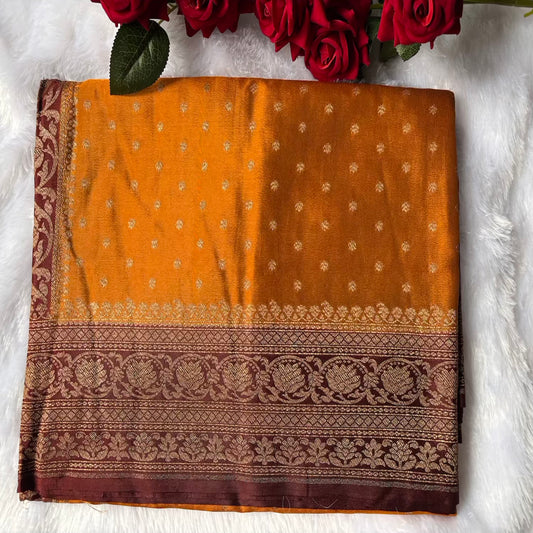 Rest Orange n Brown pure Banarasi crepe silk saree