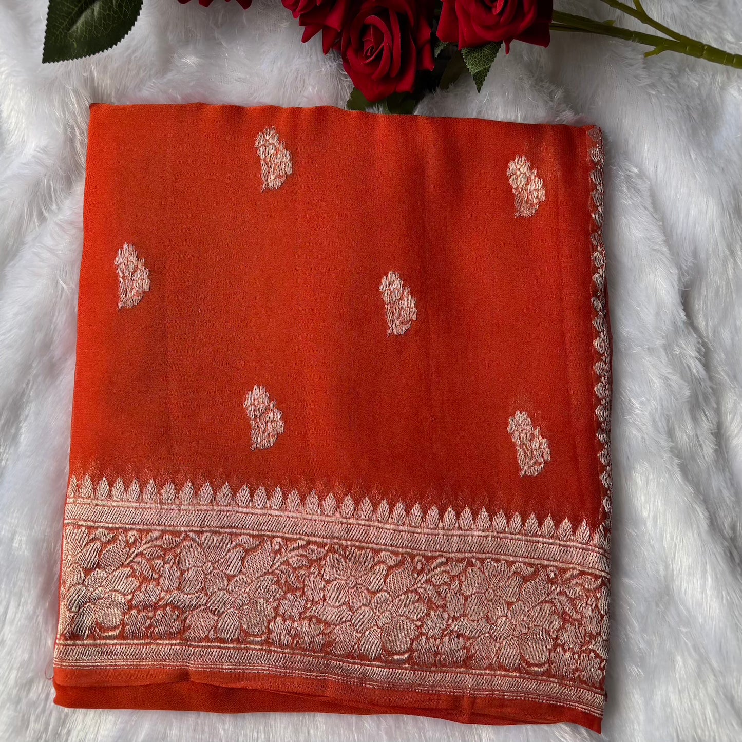 Rust Orange banarasi pure khadi chiffon