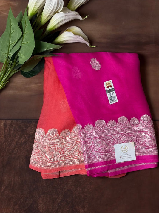 Pink and peach half n half benarasi pure chiffon saree