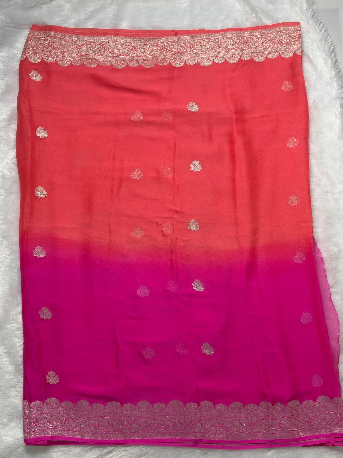 Pink and peach half n half benarasi pure chiffon saree