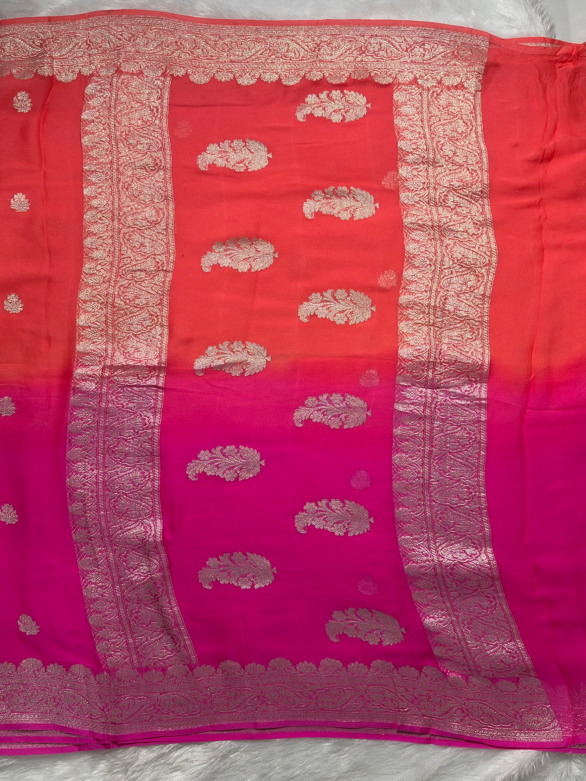 Pink and peach half n half benarasi pure chiffon saree