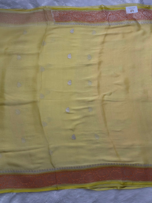 Yellow Peach 3D benarasi pure chiffon saree