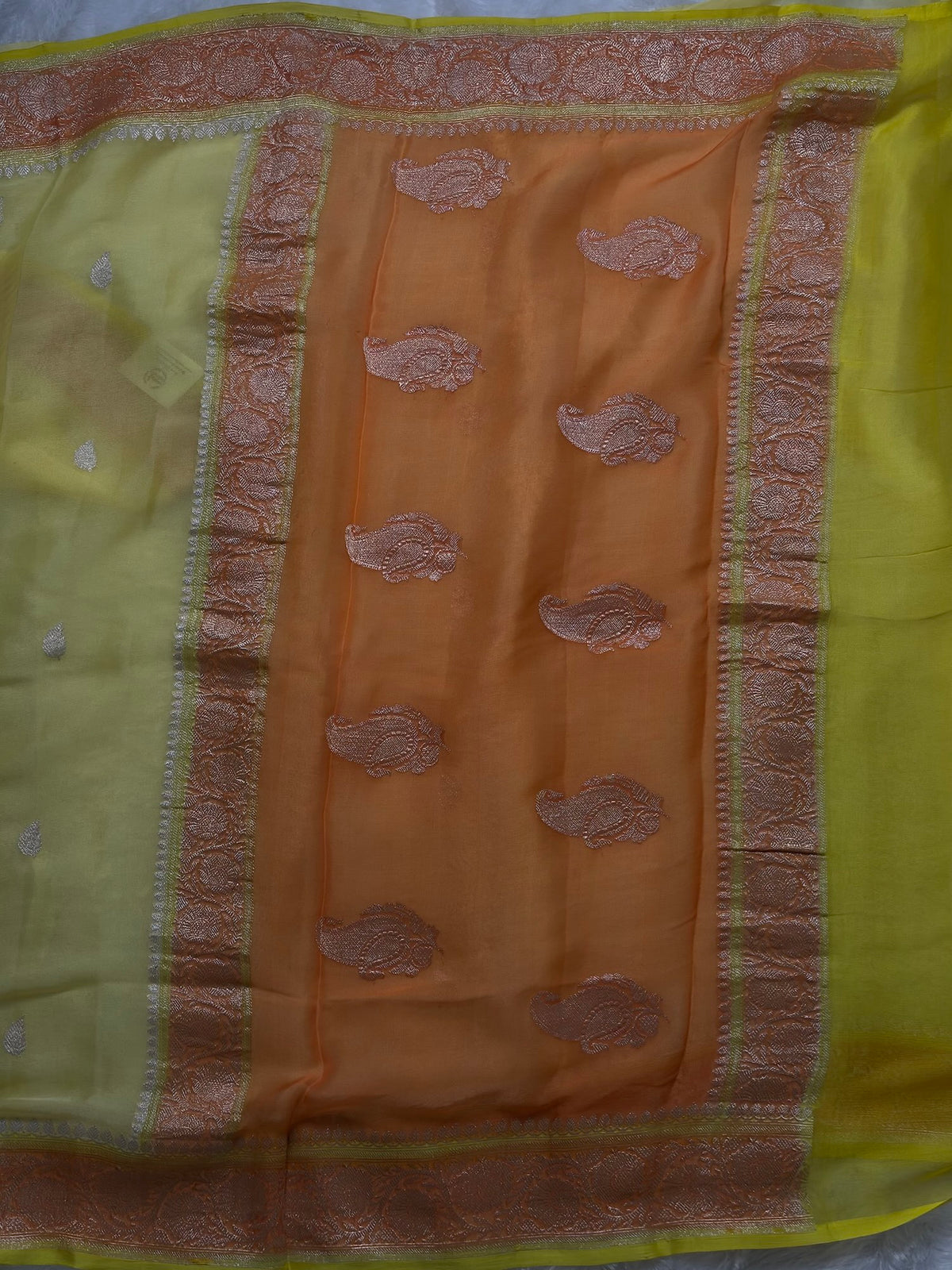 Yellow Peach 3D benarasi pure chiffon saree