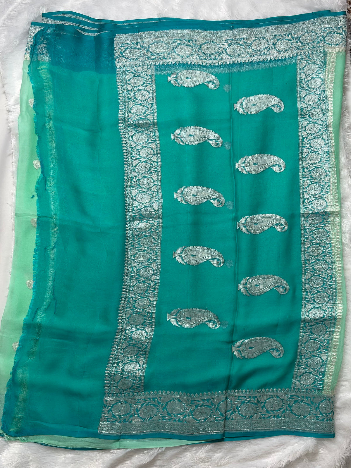 Mint Green with Teal Benarasi pure chiffon saree