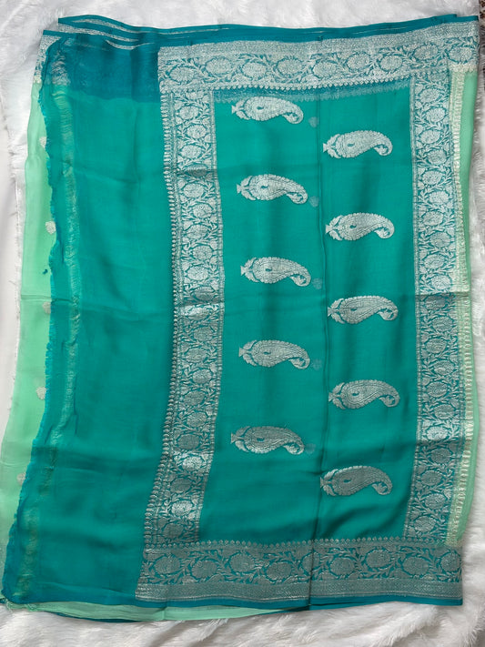 Mint Green with Teal Benarasi pure chiffon saree