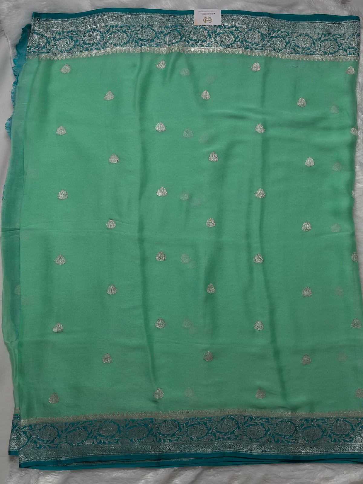 Mint Green with Teal Benarasi pure chiffon saree
