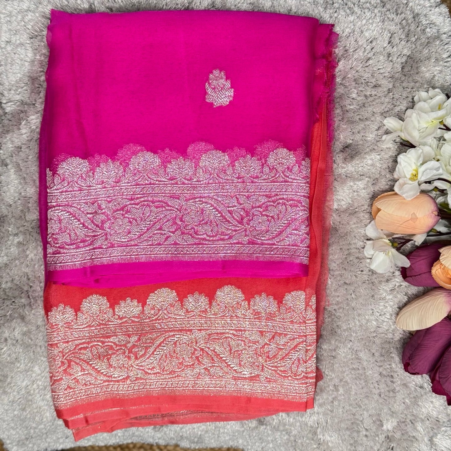Pink and peach half n half benarasi pure chiffon saree