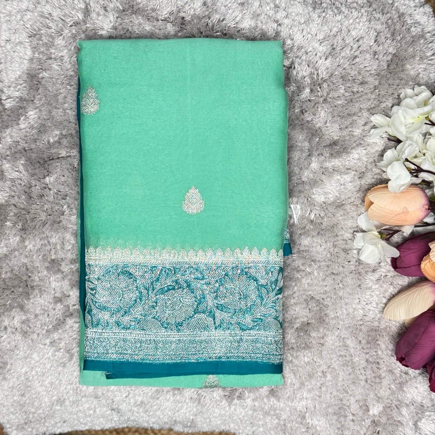 Mint Green with Teal Benarasi pure chiffon saree
