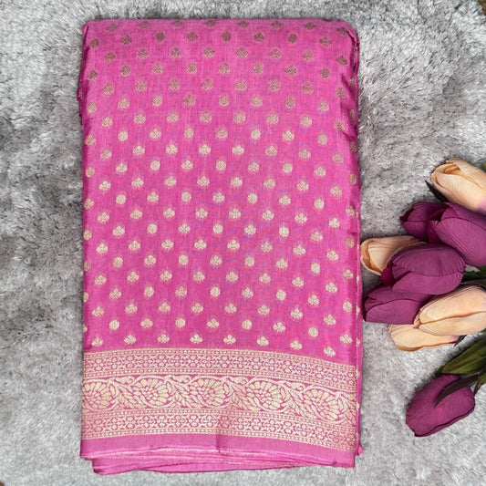Pink Kaddi viscose Banarasi Saree with Gold Zari Buttas