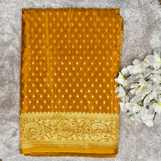 Mustard Yellow Russian Crepe Saree with Zari Work