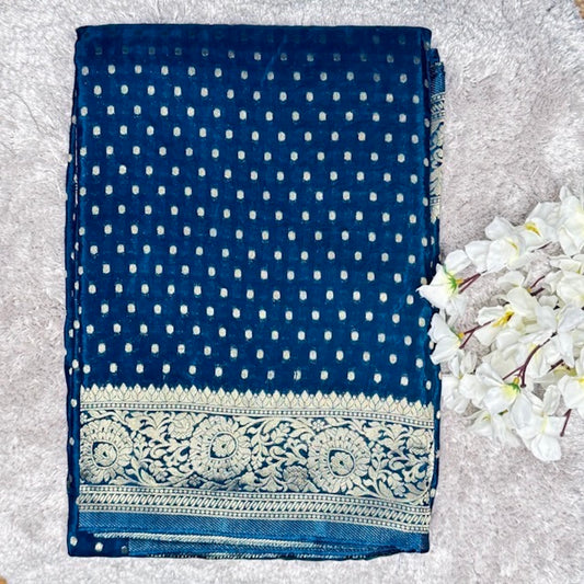 Navy Blue Russian Crepe Saree with Zari Work