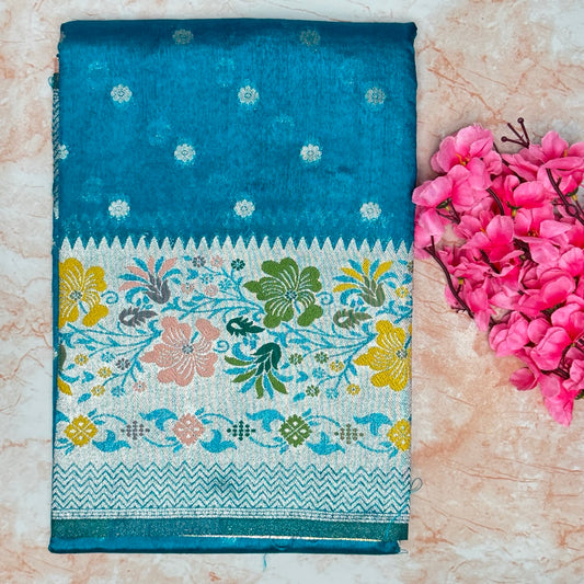 Teal Blue Semi Tussar Paithani border saree