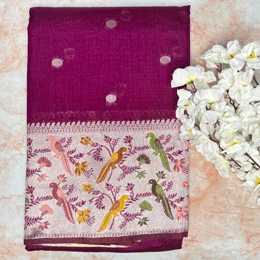Wine Semi Tussar Paithani border saree