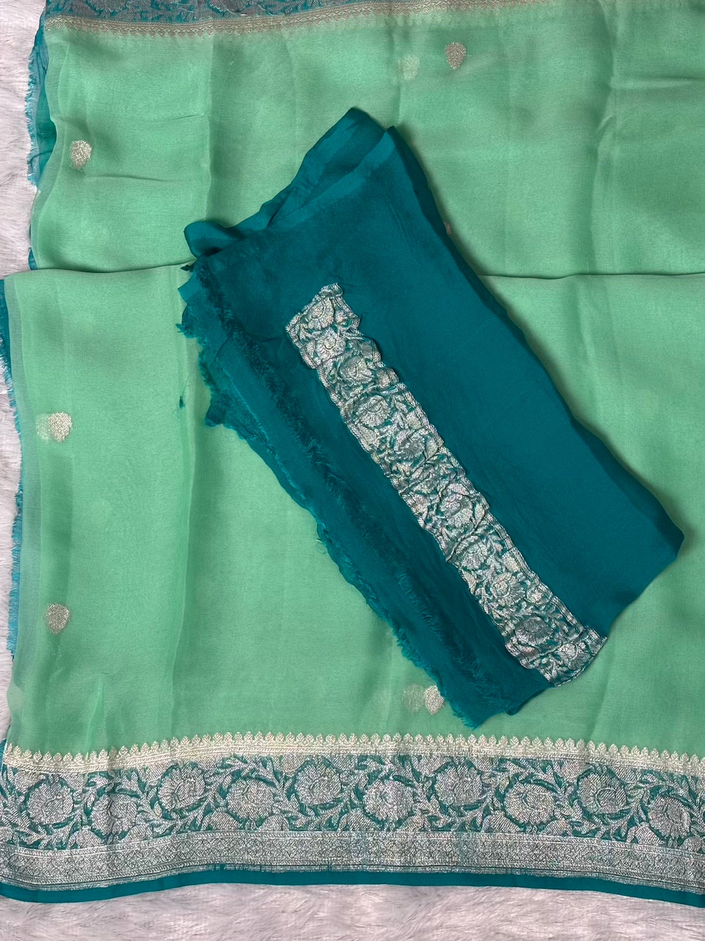 Mint Green with Teal Benarasi pure chiffon saree
