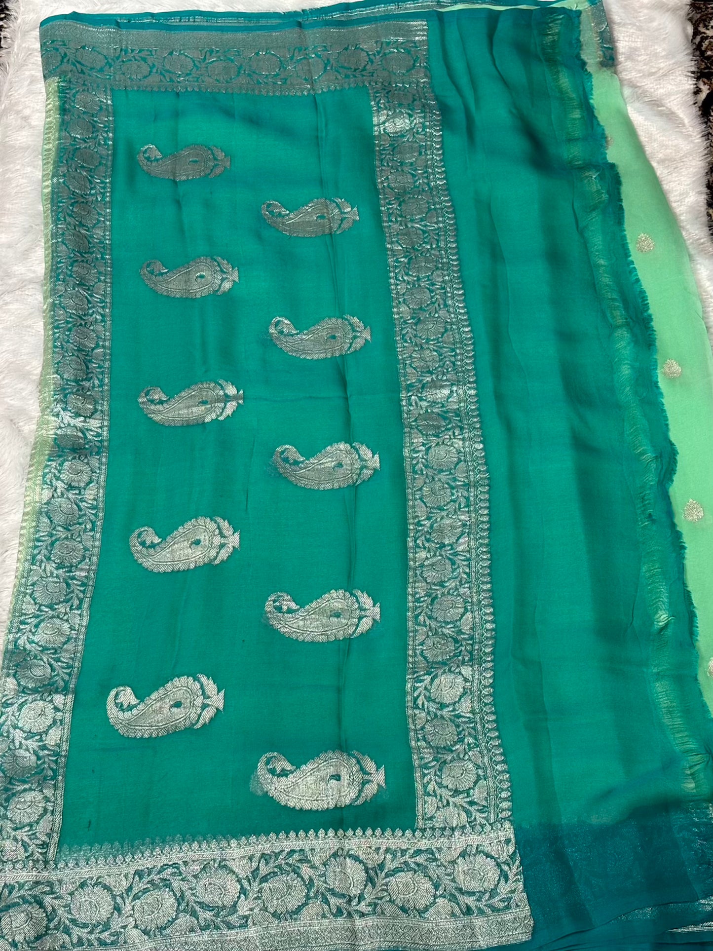 Mint Green with Teal Benarasi pure chiffon saree