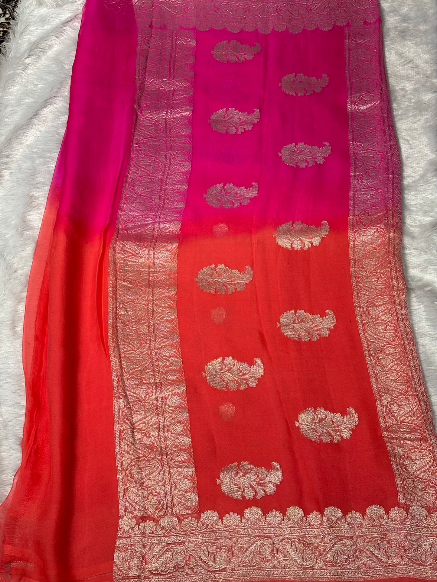 Pink and peach half n half benarasi pure chiffon saree