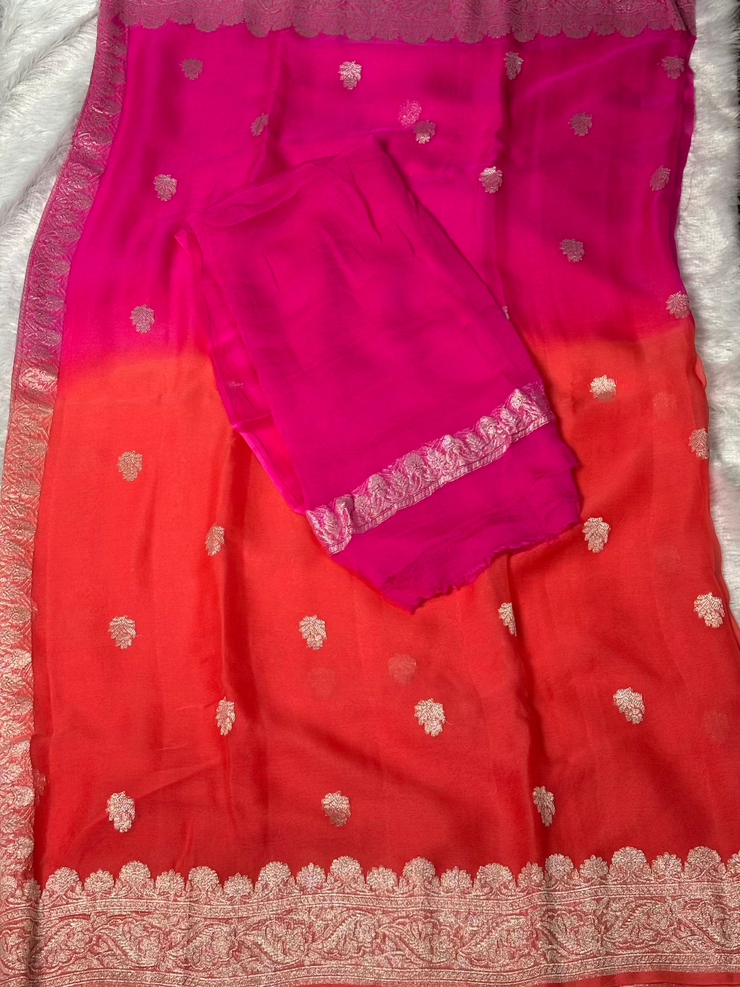 Pink and peach half n half benarasi pure chiffon saree