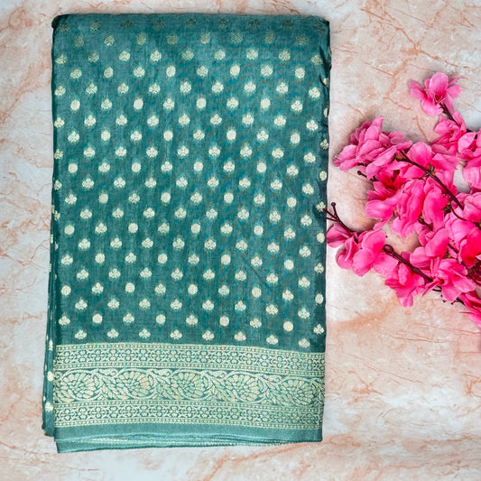 Teal Green Kaddi viscose Banarasi Saree with Gold Zari Buttas