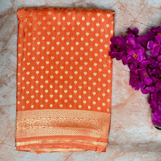 Orange Kaddi viscose Banarasi Saree with Gold Zari Buttas