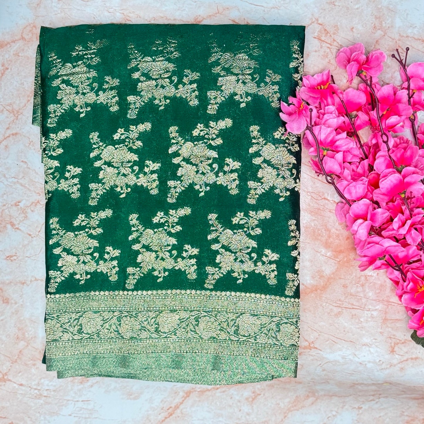 Bottle Green Crushed georgette sarees jaal pattern