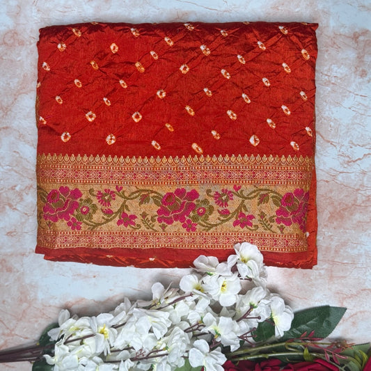 Rust Orange Handmade Bandhej Saree