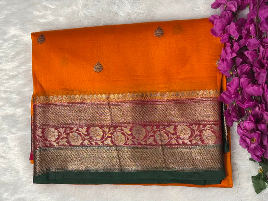 Orange Green and Red 3D pure kora organza silk saree