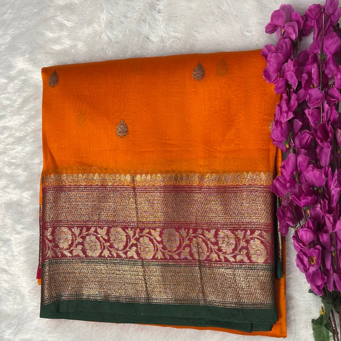 Orange Green and Red 3D pure kora organza silk saree