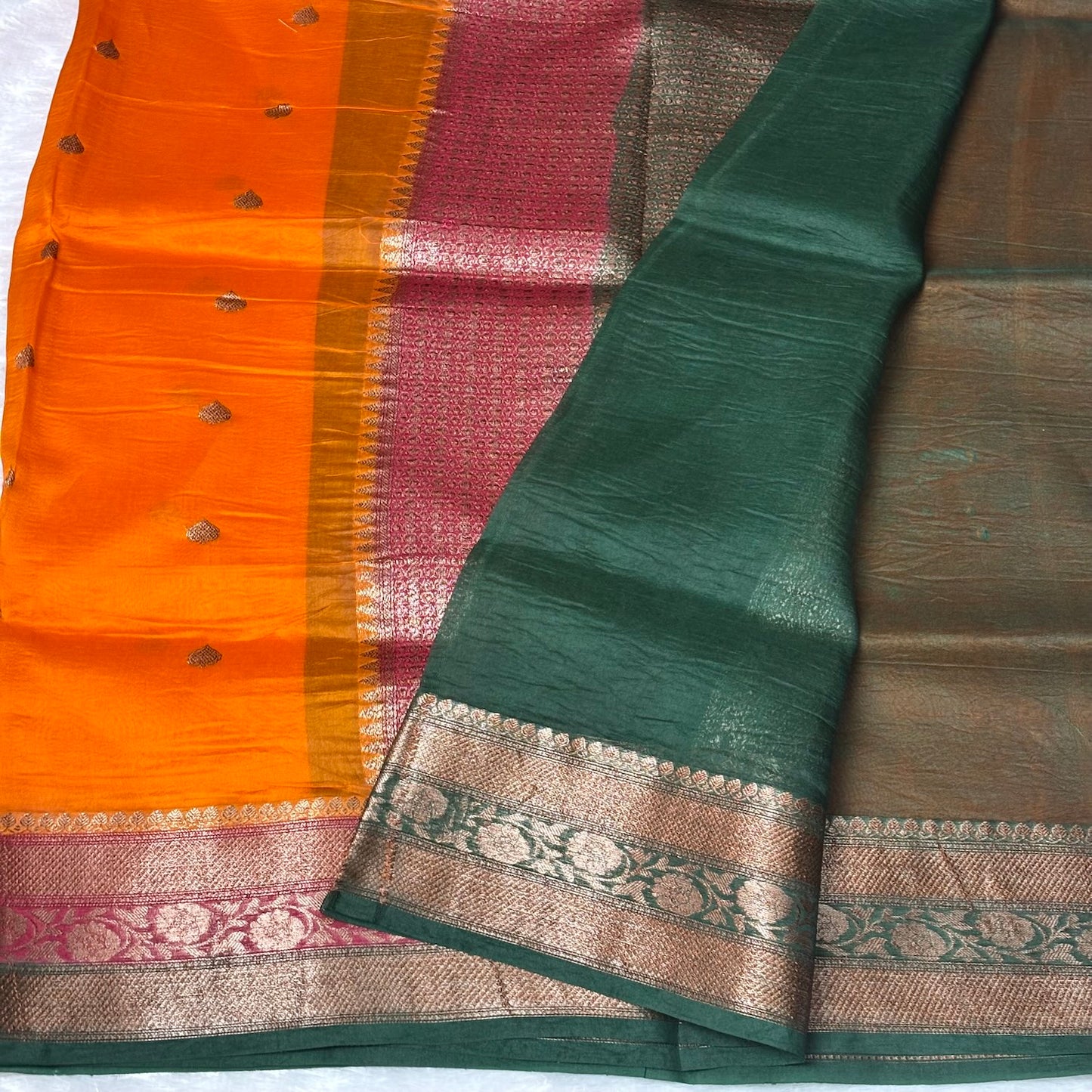 Orange Green and Red 3D pure kora organza silk saree
