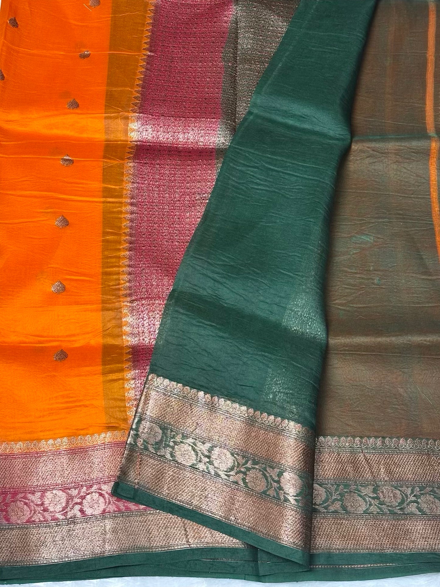 Orange Green and Red 3D pure kora organza silk saree