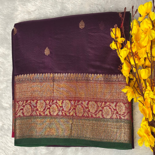 Dark purple Green n Red 3D pure kora organza silk saree