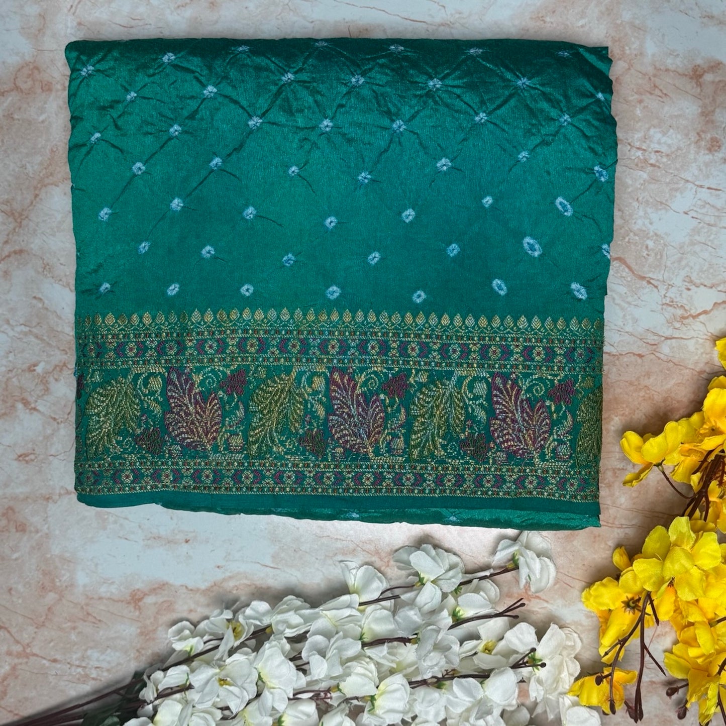 Peacock Green Handmade Bandhej Saree