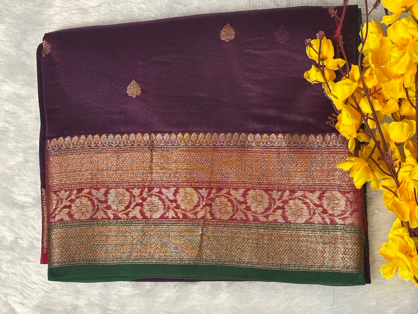 Dark purple Green n Red 3D pure kora organza silk saree