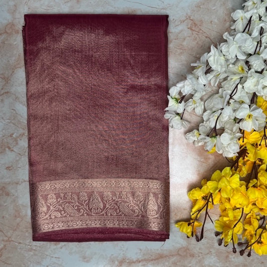 Wine golden plain Banarasi tissue saree