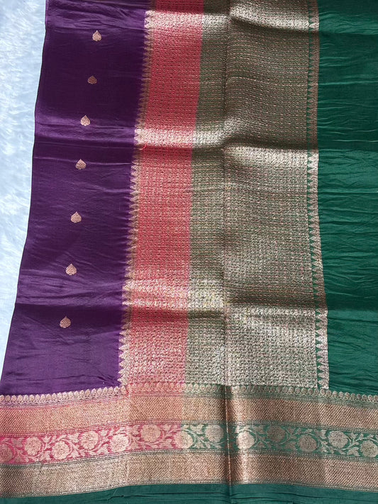 Dark purple Green n Red 3D pure kora organza silk saree
