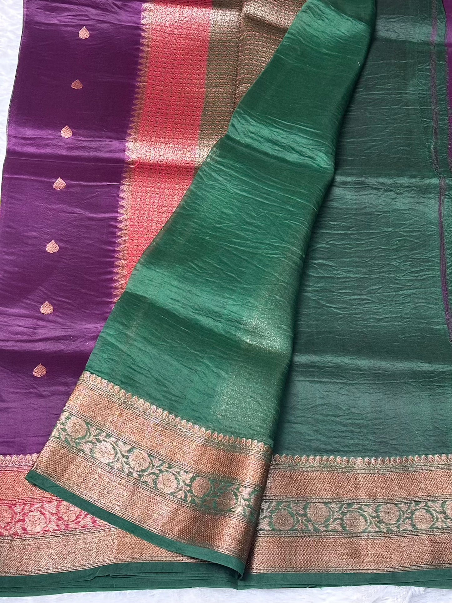Dark purple Green n Red 3D pure kora organza silk saree